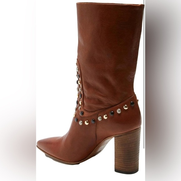 FREE PEOPLE DAKOTA HEEL STUDDED LEATHER WESTERN BOOTS - ROUND TOE - Picture 4 of 12